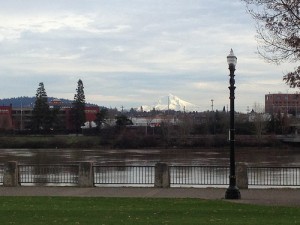 View of the Williamette River and Mount Hood from Downtown Portland OR