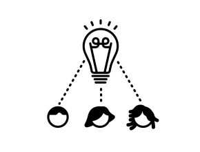 The heads of three people in a row with dotted lines connecting each to a lightbulb above them