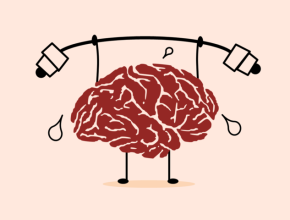 A cartoon brain lifts a weighted bar.