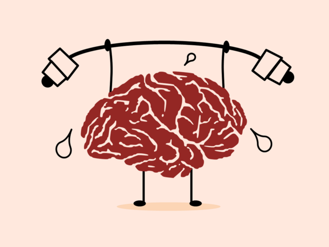 A cartoon brain lifts a weighted bar. 