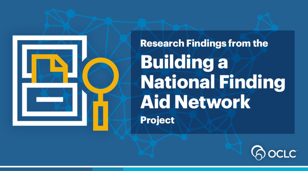 Graphic of a map of the US with an overlay of a file cabinet and magnifying glass, meant to represent the Building a National Finding Aid Network project 