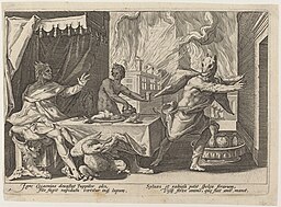 Engraving by Henrick Goltzius depicting Jupiter seated at a dinner table and Lycaon with the head of a wolf.