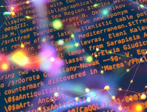 A colorful visualization of interconnected data points and glowing nodes against a background of bibliographic text in various colors, including orange, yellow, and white. The text includes references to metadata and cataloging terms, symbolizing the integration of AI in cataloging workflows.