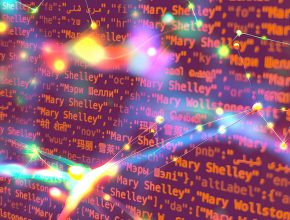 A vibrant digital illustration featuring the name "Mary Shelley" repeated in various languages and scripts, overlaid on a glowing network of interconnected nodes and lines. The colorful nodes emit light in hues of yellow, pink, green, and blue, symbolizing data connections and metadata integration.