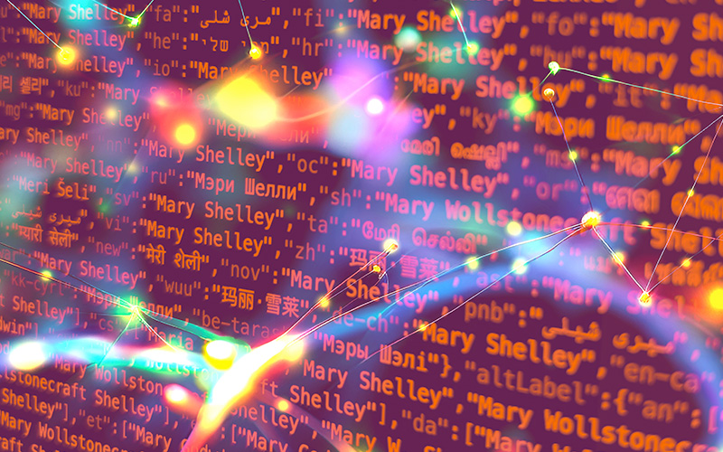 A vibrant digital illustration featuring the name "Mary Shelley" repeated in various languages and scripts, overlaid on a glowing network of interconnected nodes and lines. The colorful nodes emit light in hues of yellow, pink, green, and blue, symbolizing data connections and metadata integration.